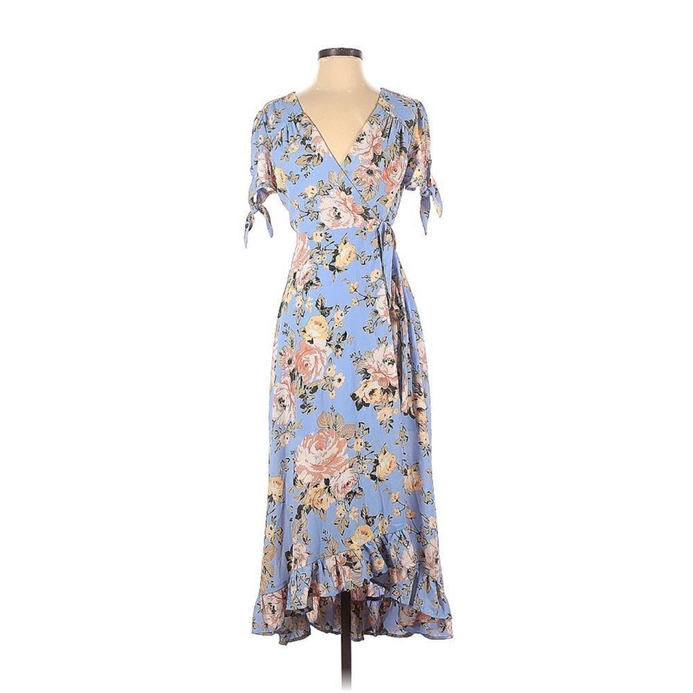 Miami Floral Midi Wrap dress Light Blue XS